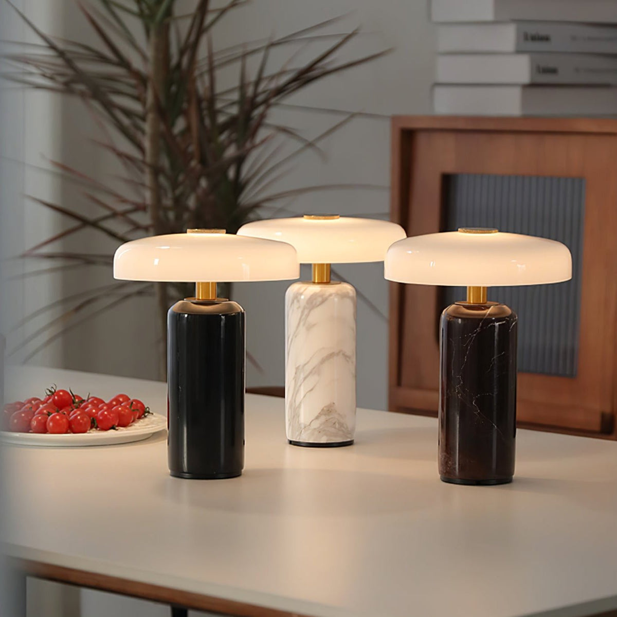 Lavisa elegant marble base cordless battery table lamp on a modern nightstand - D 6.69 × H 9.45 inch / D 17 cm x H 24 cm