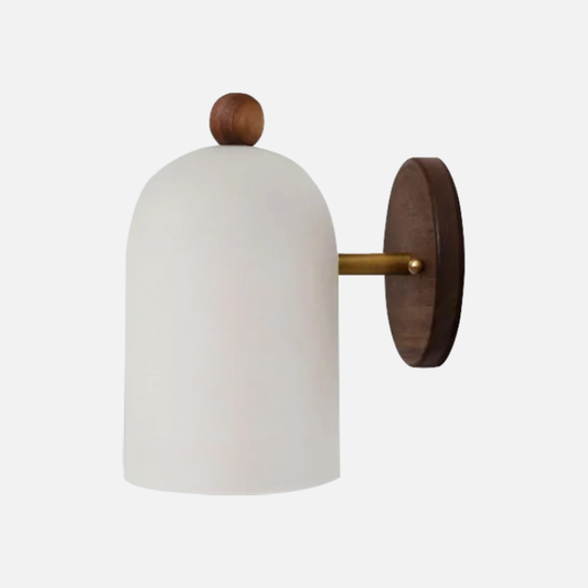 Lavisa modern walnut wall sconce with brass arm and soft white shade