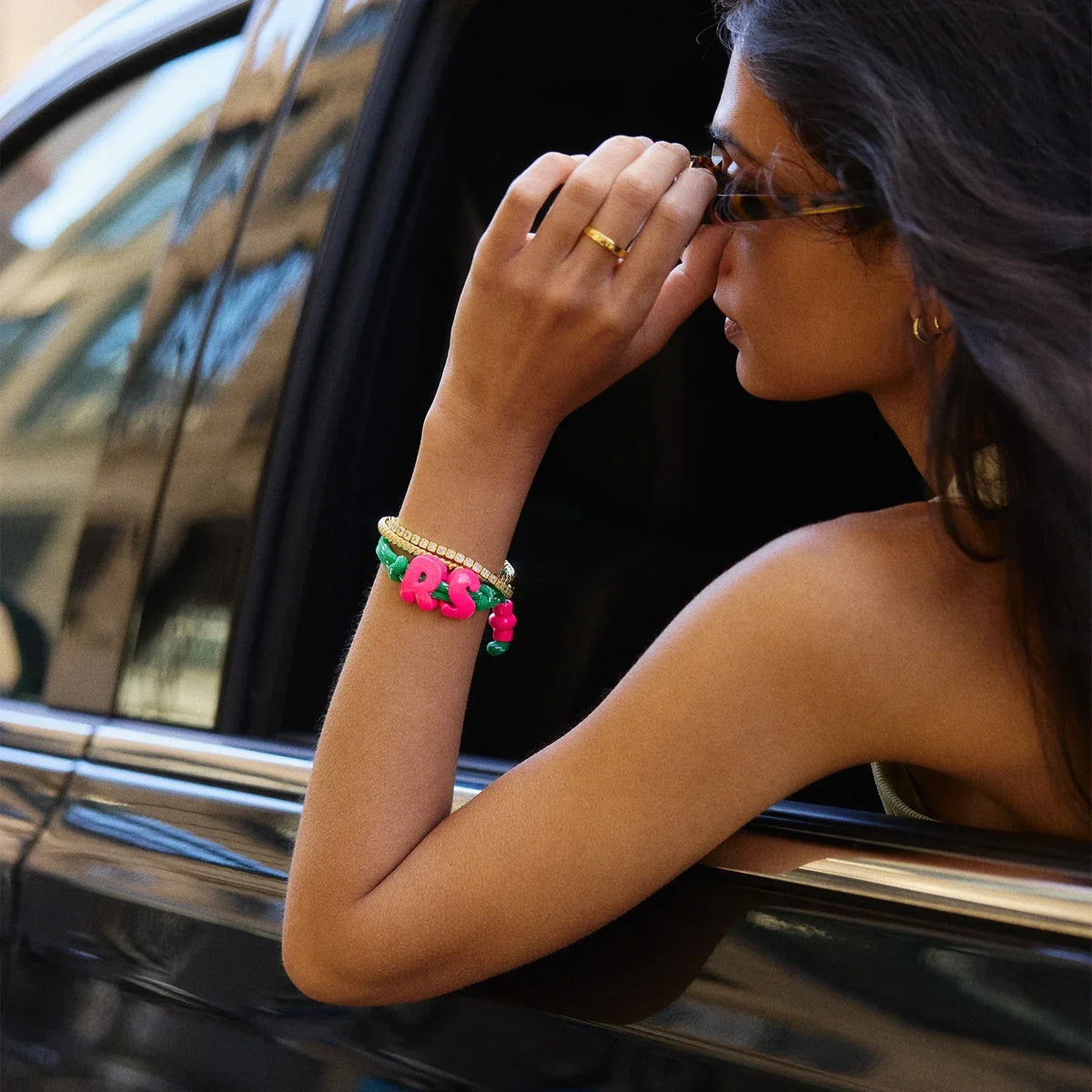 Lavisa - Custom Initial Enamel Bubble Bracelet Personalized Jewelry - Detail & Styling View