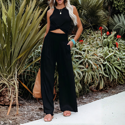 Lavisa - Women's High Rise Palazzo Pants - Elastic Waist Wide Leg Flowy Trousers