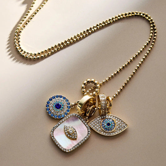 Lavisa turquoise evil eye charm necklace on a gold ball chain