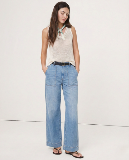 Lavisa - High Rise Wide Leg Denim Jeans with Front Button Pockets