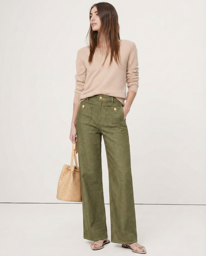 Lavisa - High Rise Wide Leg Denim Jeans with Front Button Pockets