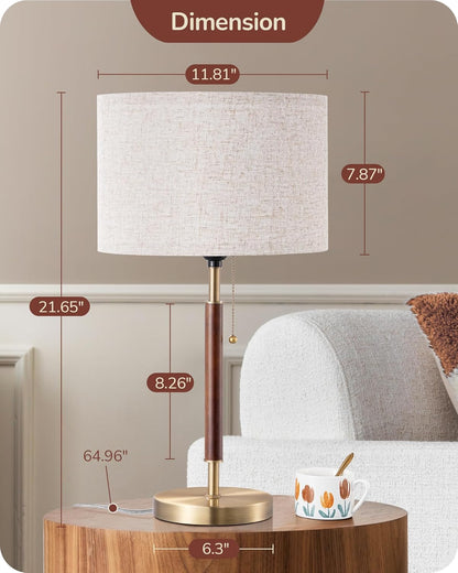 Lavisa - Satin Nickel and Wood Table Lamp with Beige Linen Shade