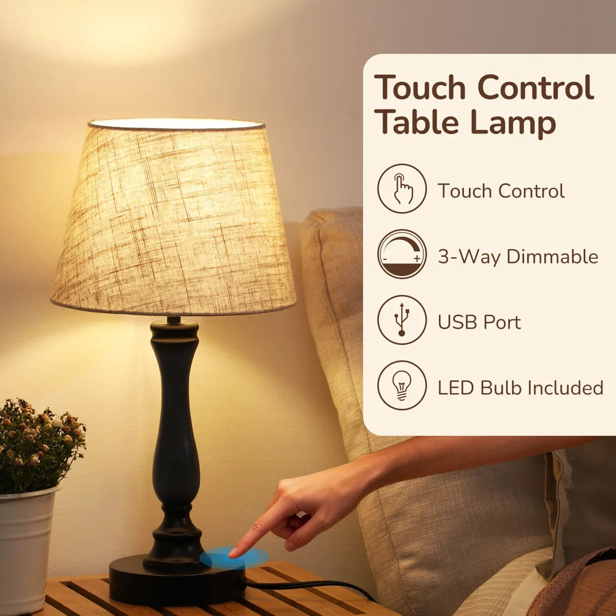 Lavisa - Modern Touch-Control Table Lamp with Dual USB Ports