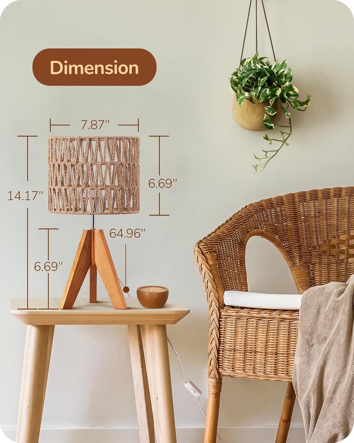 Lavisa - Boho Rattan Tripod Table Lamp with Woven Shade