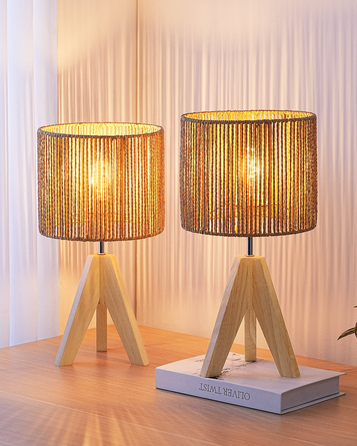 Lavisa - Boho Rattan Tripod Table Lamp with Woven Stripe Shade