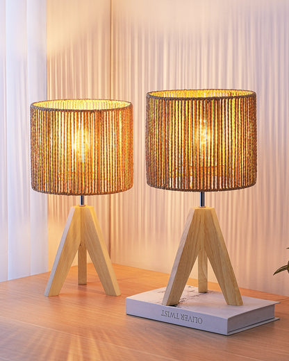 Lavisa - Boho Rattan Tripod Table Lamp with Woven Stripe Shade