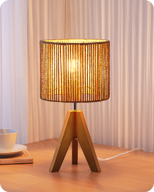 Lavisa - Boho Rattan Tripod Table Lamp with Woven Stripe Shade