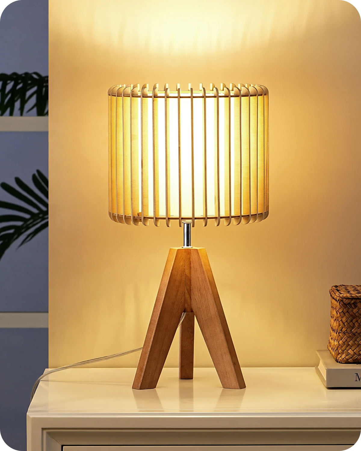Lavisa - Boho Rattan Tripod Table Lamp with Woven Stripe Shade
