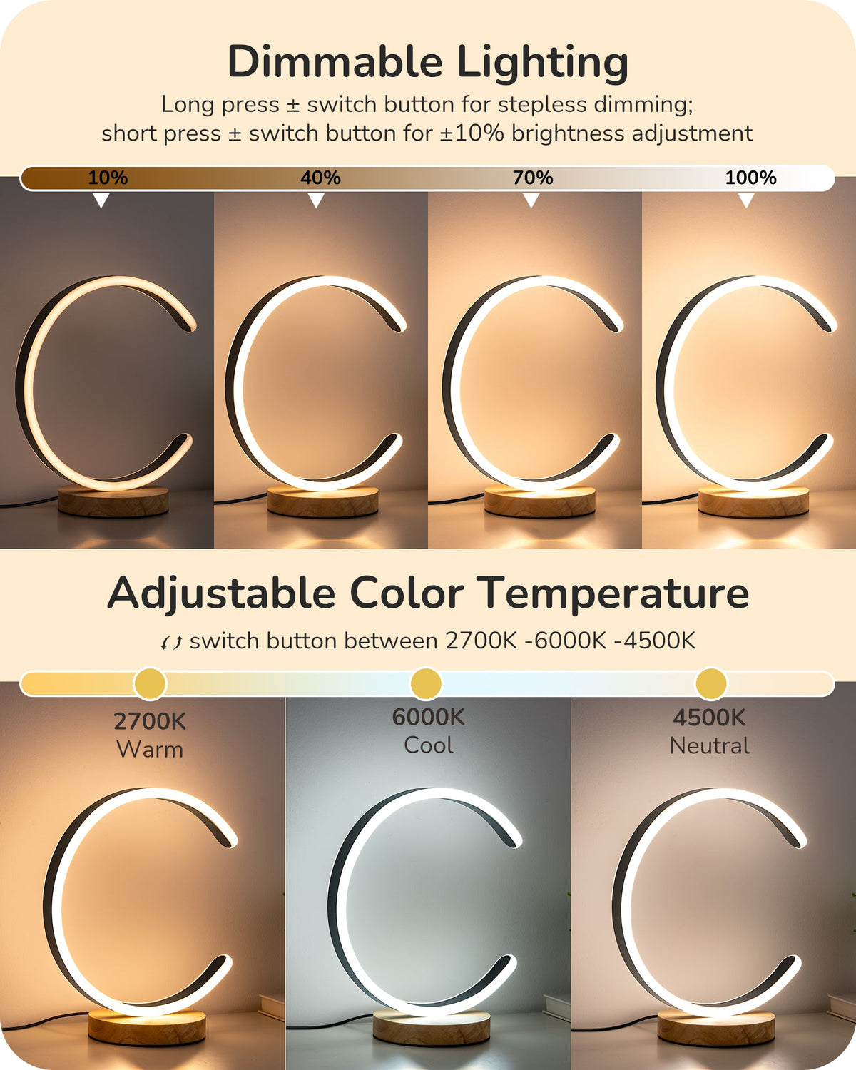 Lavisa - Modern C-Shaped LED Table Lamp with Wooden Base