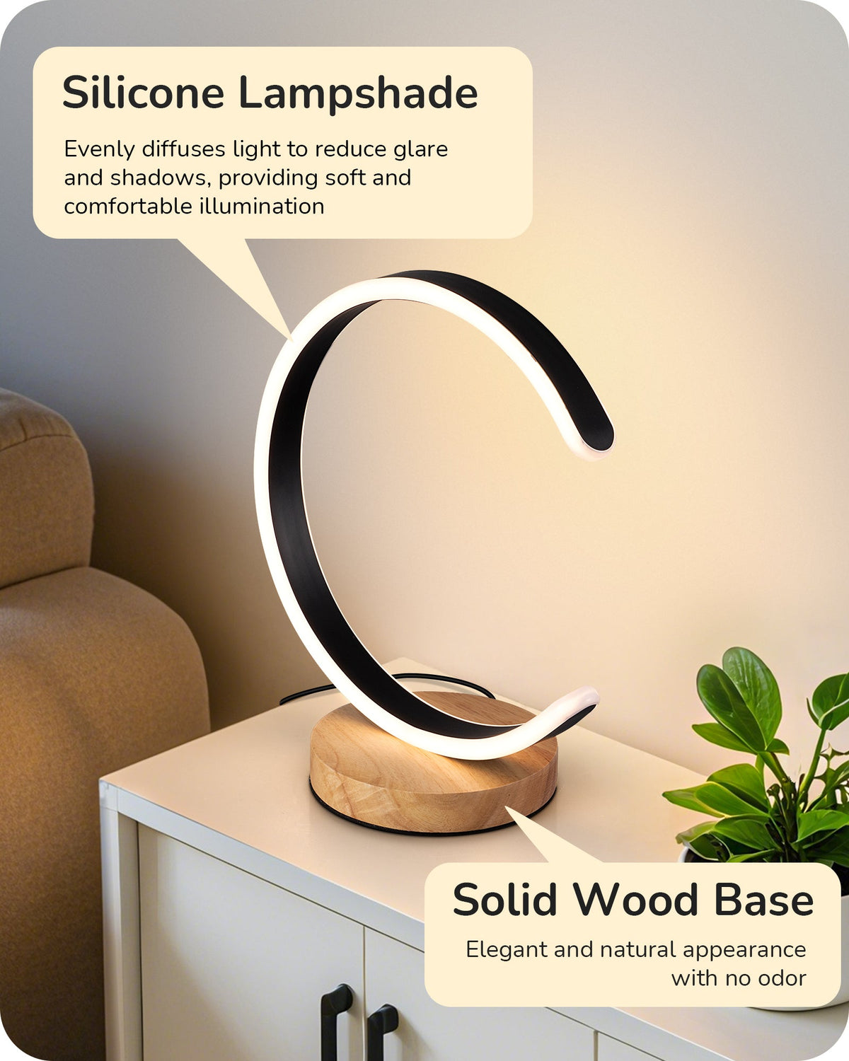 Lavisa - Modern C-Shaped LED Table Lamp with Wooden Base