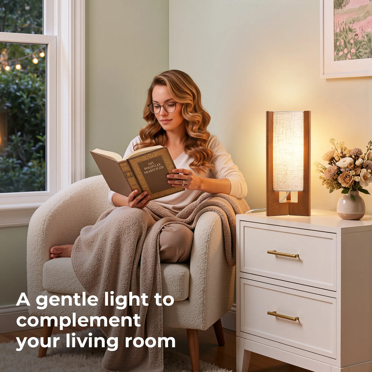Lavisa - Solid Wood Table Lamp with Linen Shade for Bedroom and Living Room