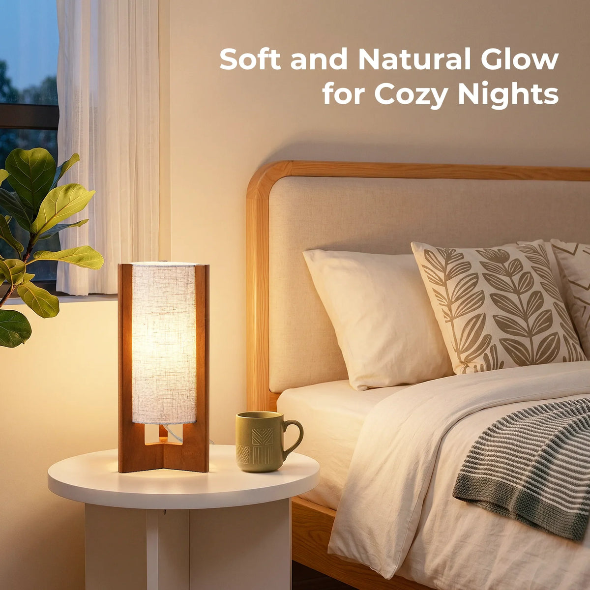 Lavisa - Solid Wood Table Lamp with Linen Shade for Bedroom and Living Room