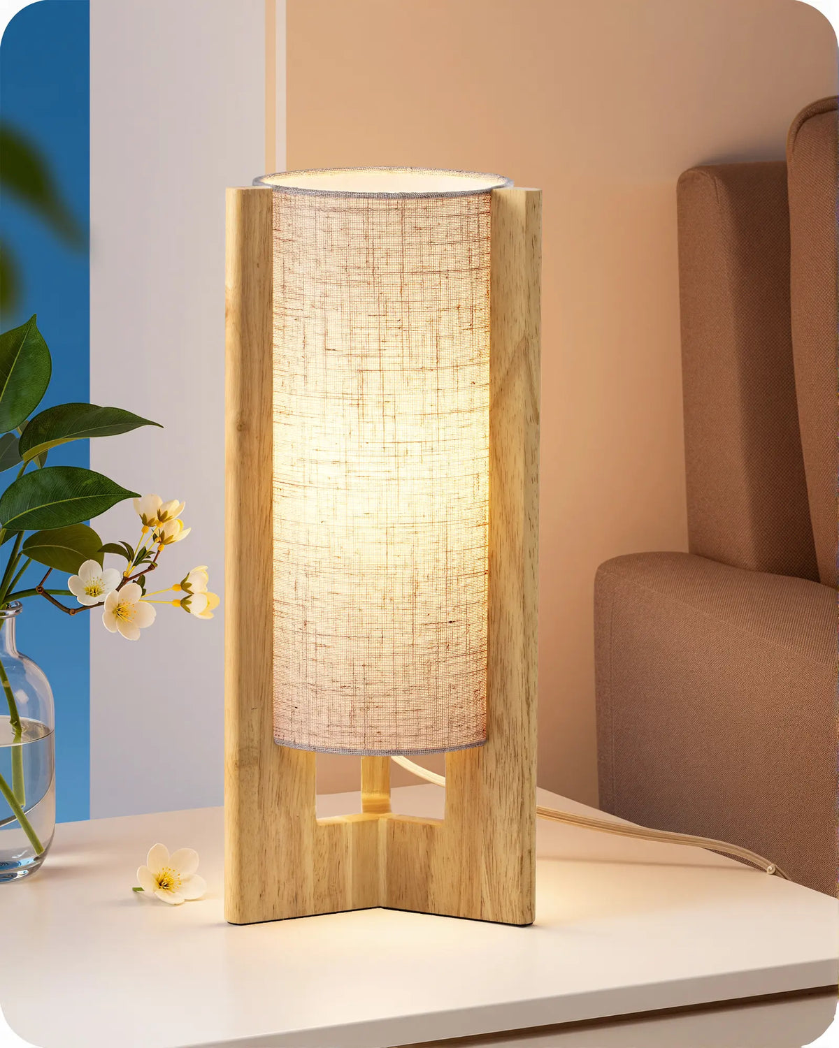 Lavisa - Solid Wood Table Lamp with Linen Shade for Bedroom and Living Room