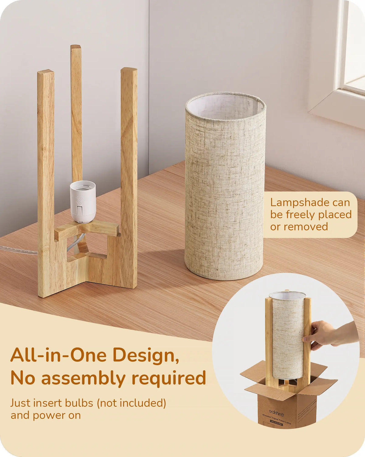 Lavisa - Solid Wood Table Lamp with Linen Shade for Bedroom and Living Room