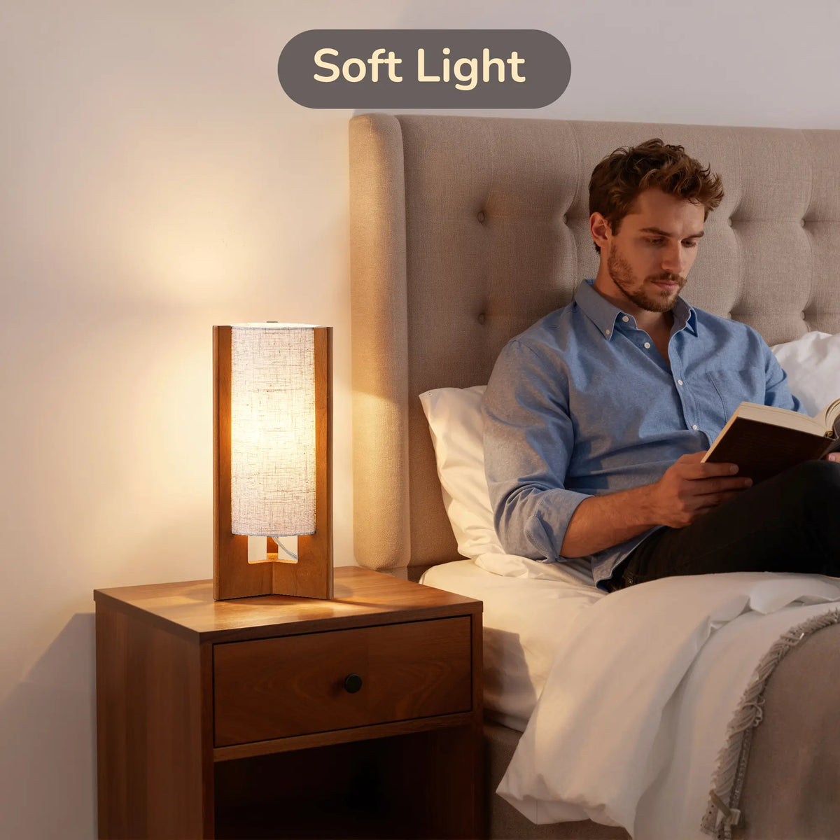 Lavisa - Solid Wood Table Lamp with Linen Shade for Bedroom and Living Room
