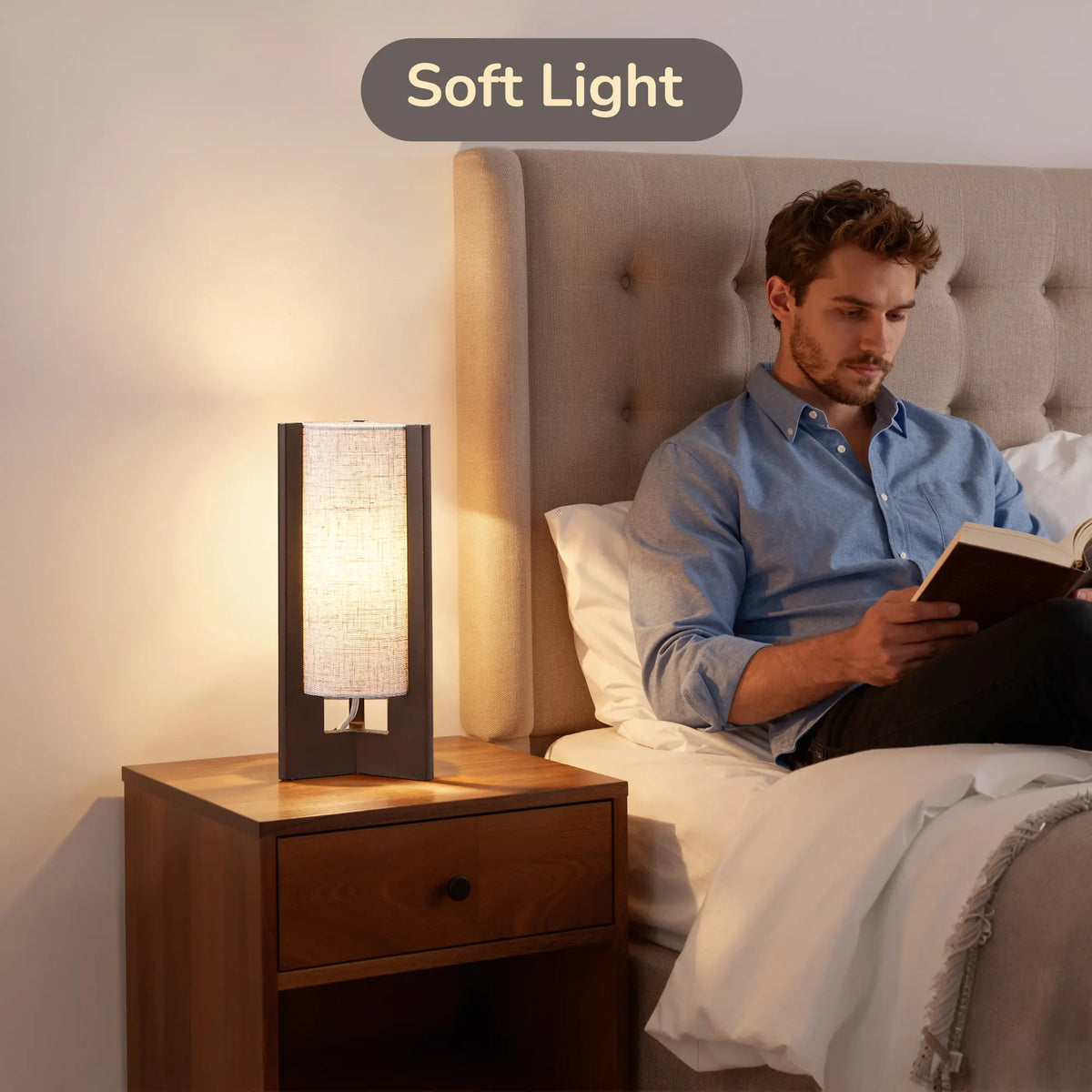 Lavisa - Solid Wood Table Lamp with Linen Shade for Bedroom and Living Room