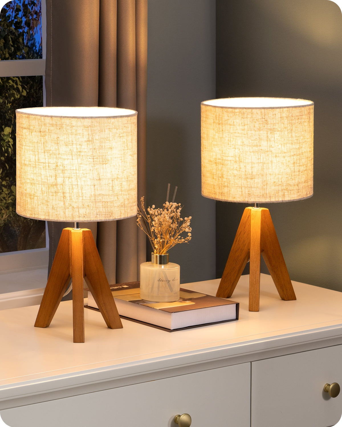 Lavisa - Modern Wooden Tripod Table Lamps with Linen Shade