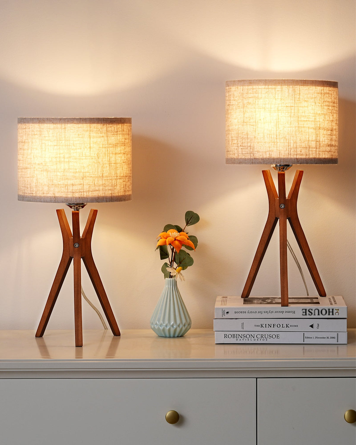 Lavisa - Mid-Century Solid Wood Tripod Table Lamps Set of Two