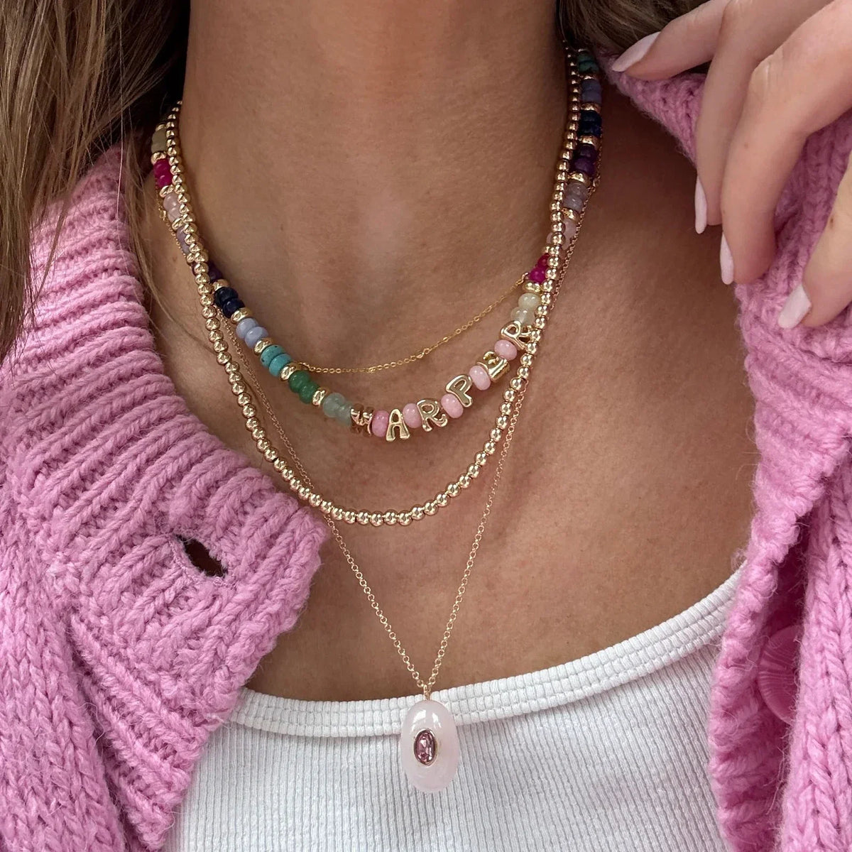 Lavisa - Custom Semi-Precious Bubble Letter Necklace - On-Model & Scale View