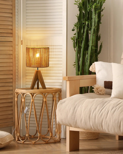 Lavisa - Boho Rattan Tripod Table Lamp with Woven Stripe Shade
