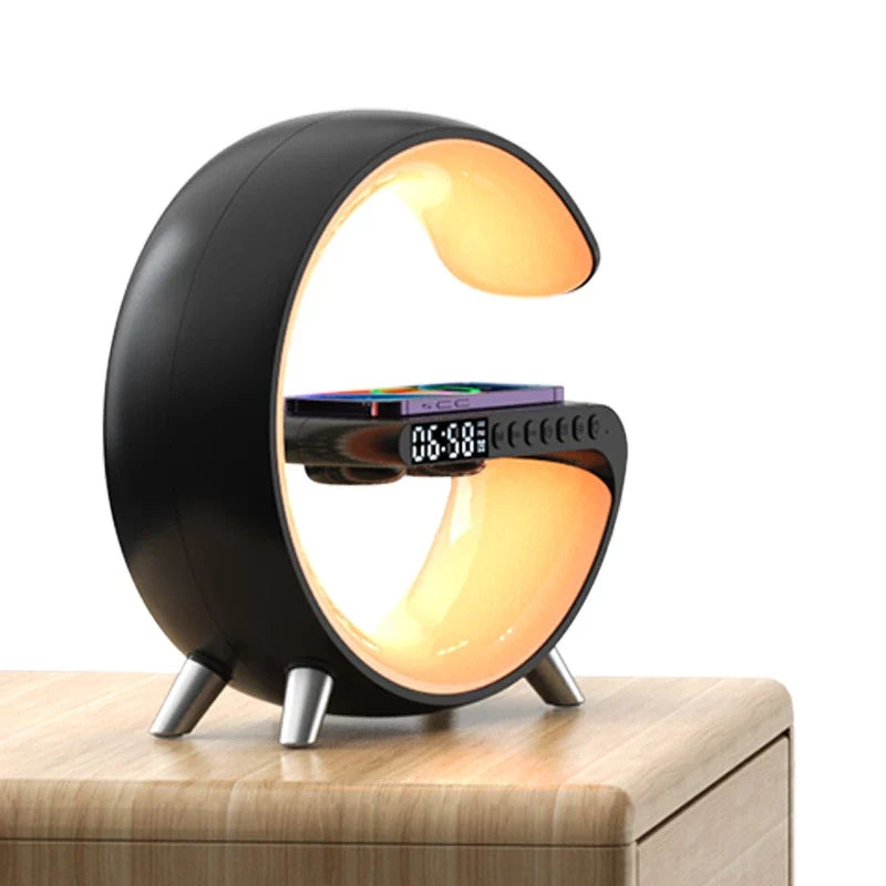Lavisa smart RGB ambient sound machine and wireless charger lamp on a nightstand