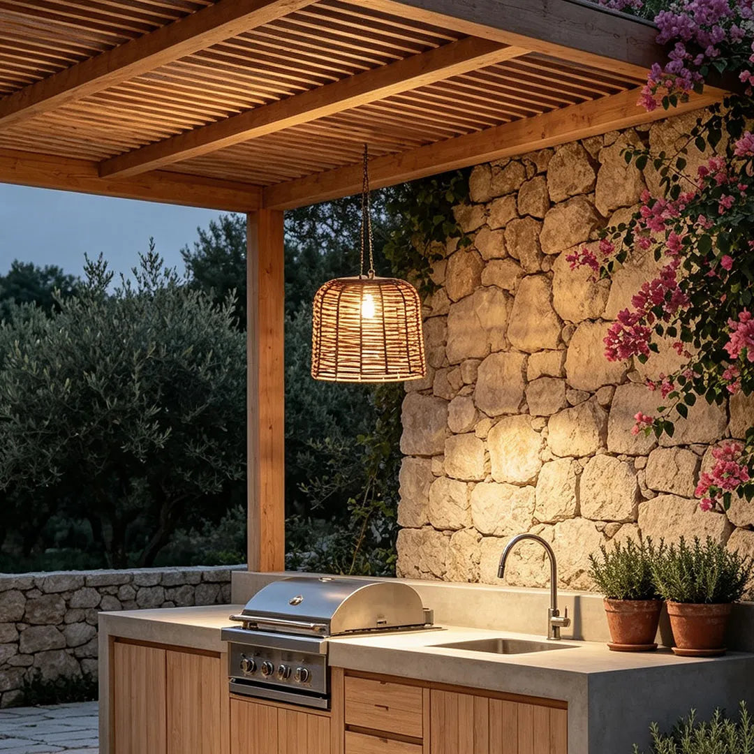 Lavisa large outdoor woven rattan pendant light with solar charging and warm filament glow (View 2)