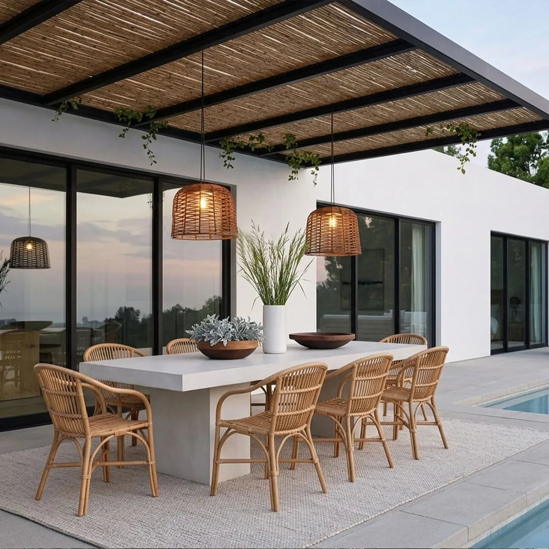 Lavisa large outdoor woven rattan pendant light with solar charging and warm filament glow