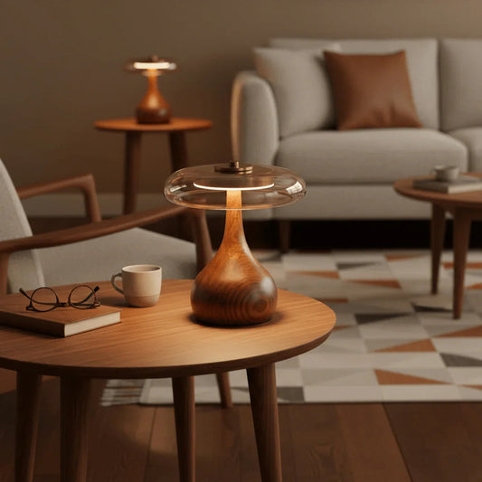 Lavisa mid-century wood base table lamp with amber glass disc and integrated LED lighting