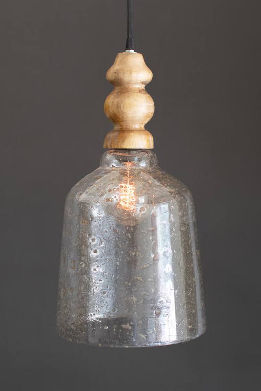 Lavisa Clear Pebbled Glass Pendant Light with Wood Finial hanging with fabric cord