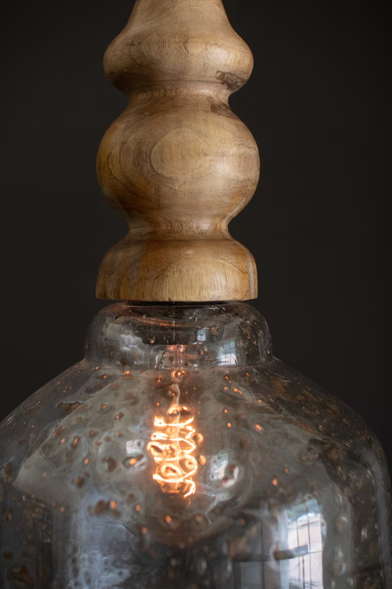 Lavisa Clear Pebbled Glass Pendant Light with Wood Finial hanging with fabric cord (View 3)