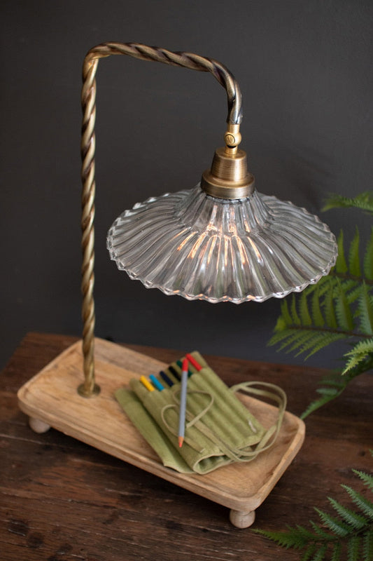 Lavisa Gooseneck Table Lamp with Wooden Tray Base and Glass Shade
