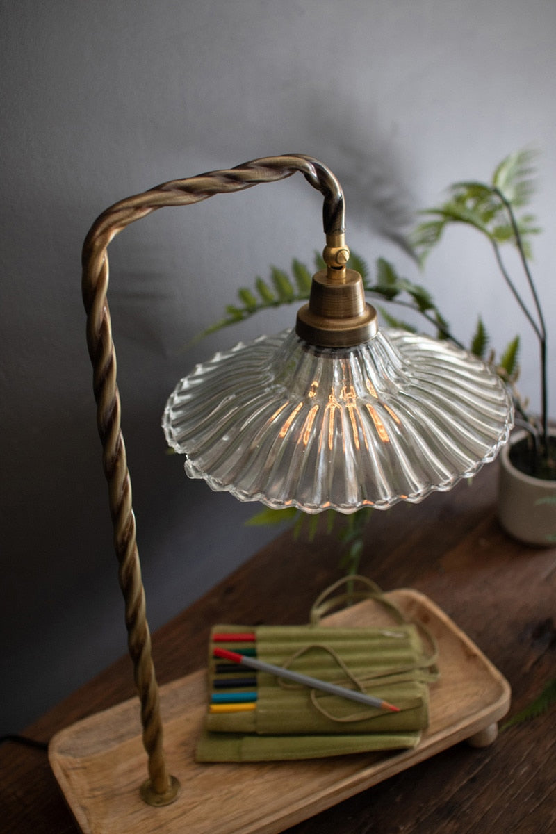 Lavisa Gooseneck Table Lamp with Wooden Tray Base and Glass Shade (View 3)