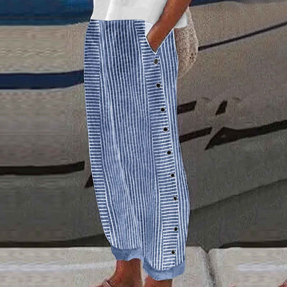 Lavisa - Womens Striped Wide Leg Pants with Side Buttons