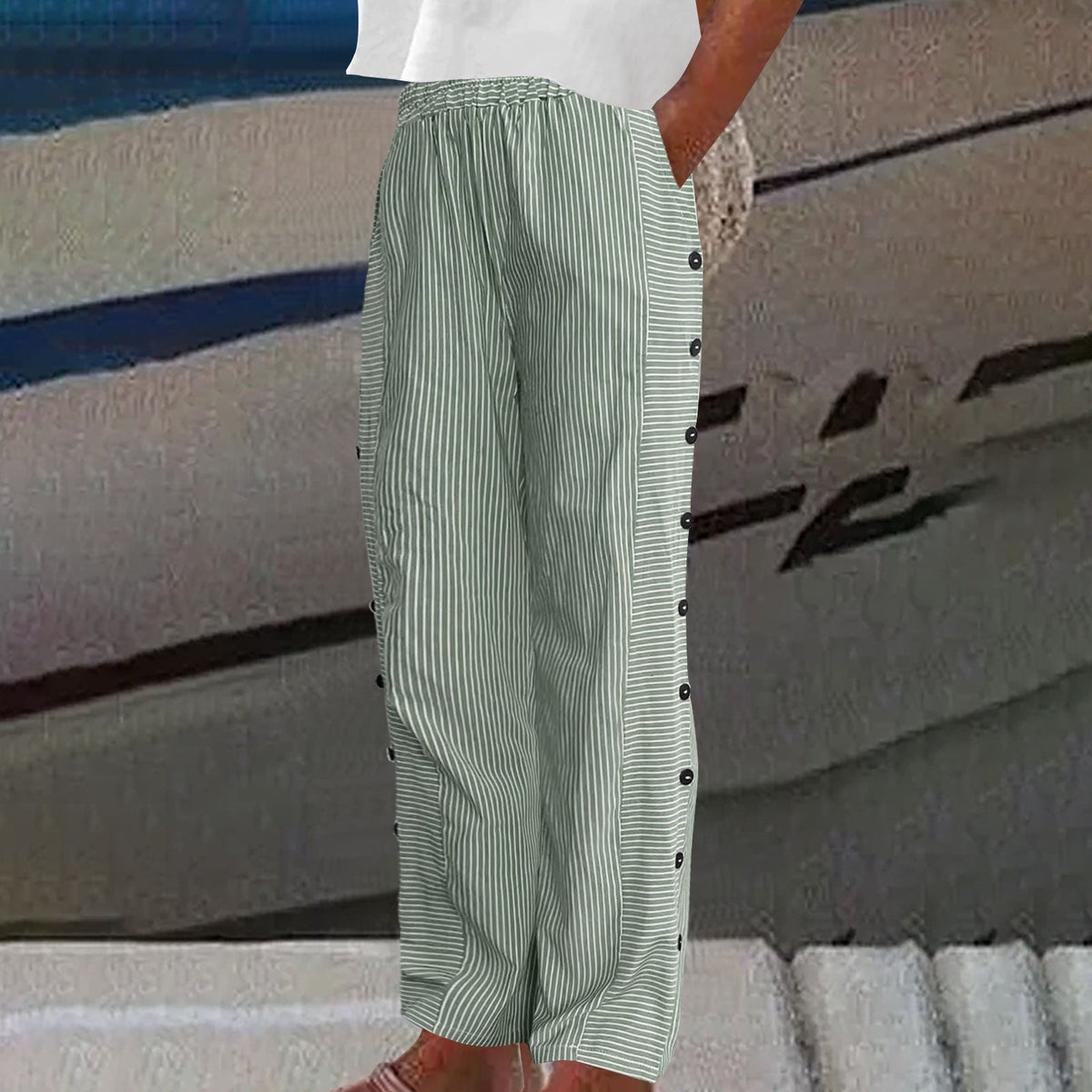 Lavisa - Womens Striped Wide Leg Pants with Side Buttons