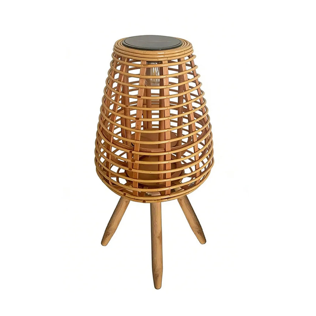 Lavisa outdoor solar floor lamp with woven rattan shade and warm white LED for gardens