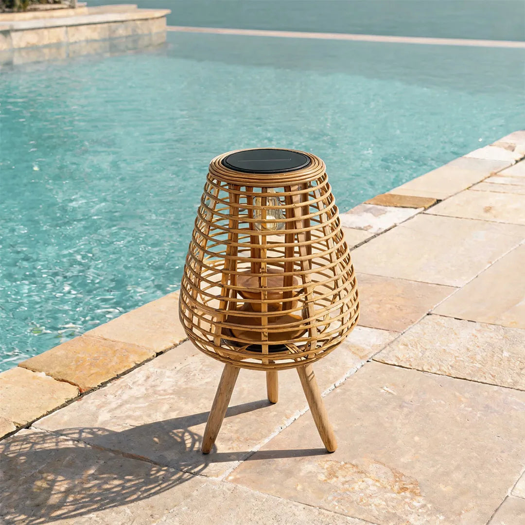 Lavisa outdoor solar floor lamp with woven rattan shade and warm white LED for gardens (View 2)