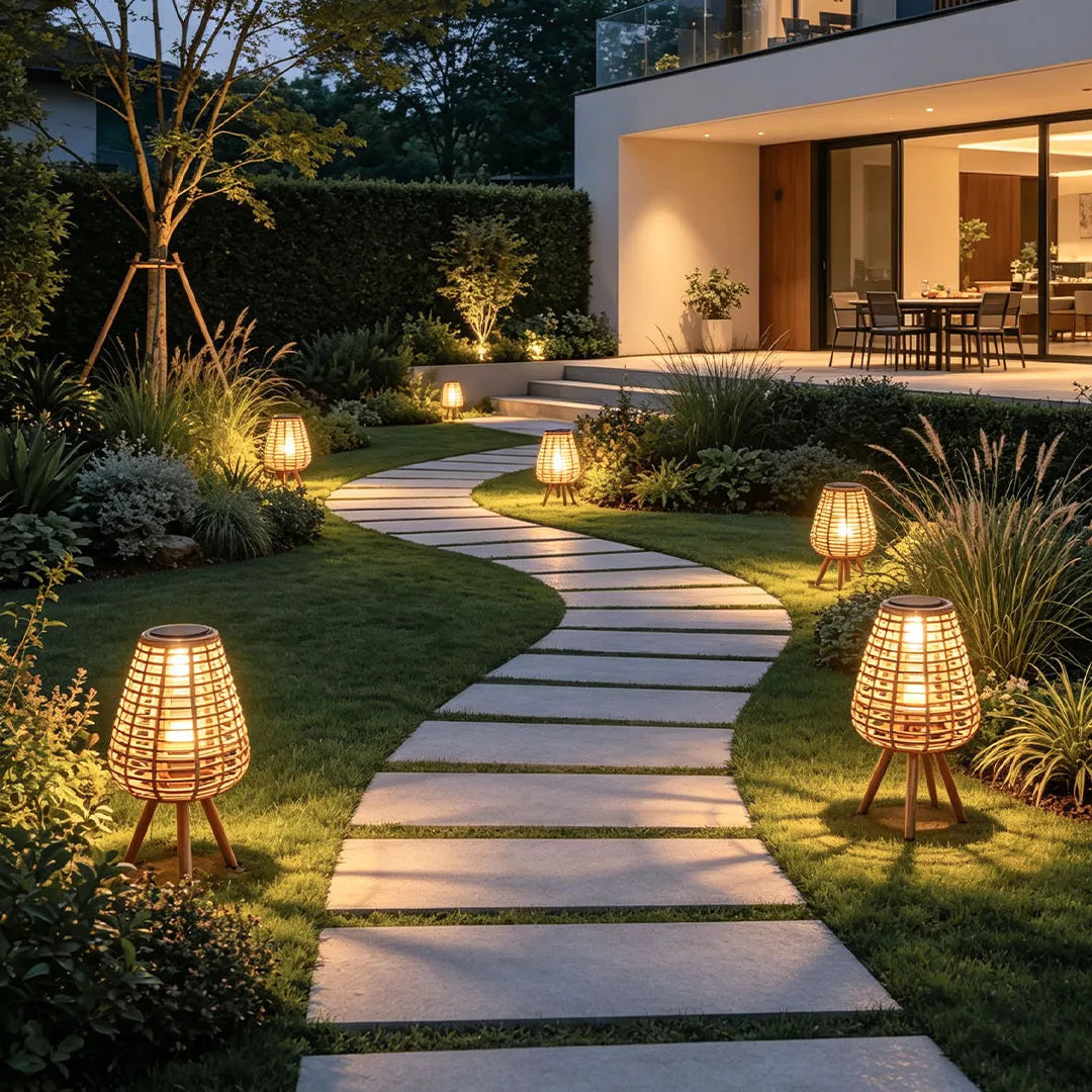 Lavisa outdoor solar floor lamp with woven rattan shade and warm white LED for gardens (View 3)
