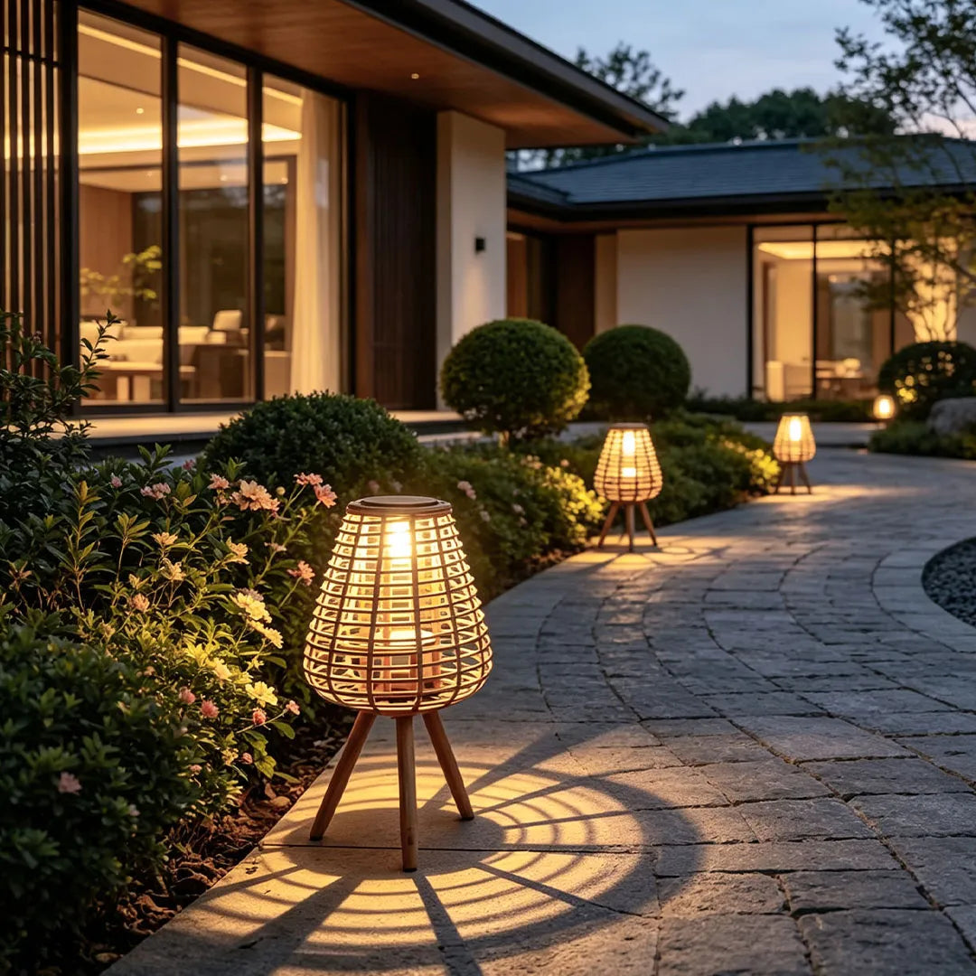 Lavisa outdoor solar floor lamp with woven rattan shade and warm white LED for gardens (View 5)