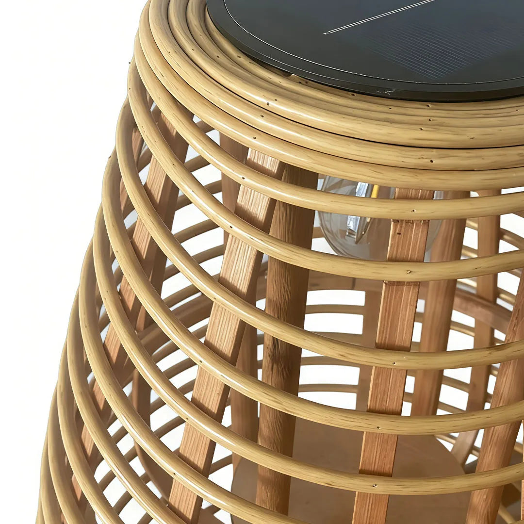 Lavisa outdoor solar floor lamp with woven rattan shade and warm white LED for gardens (View 6)