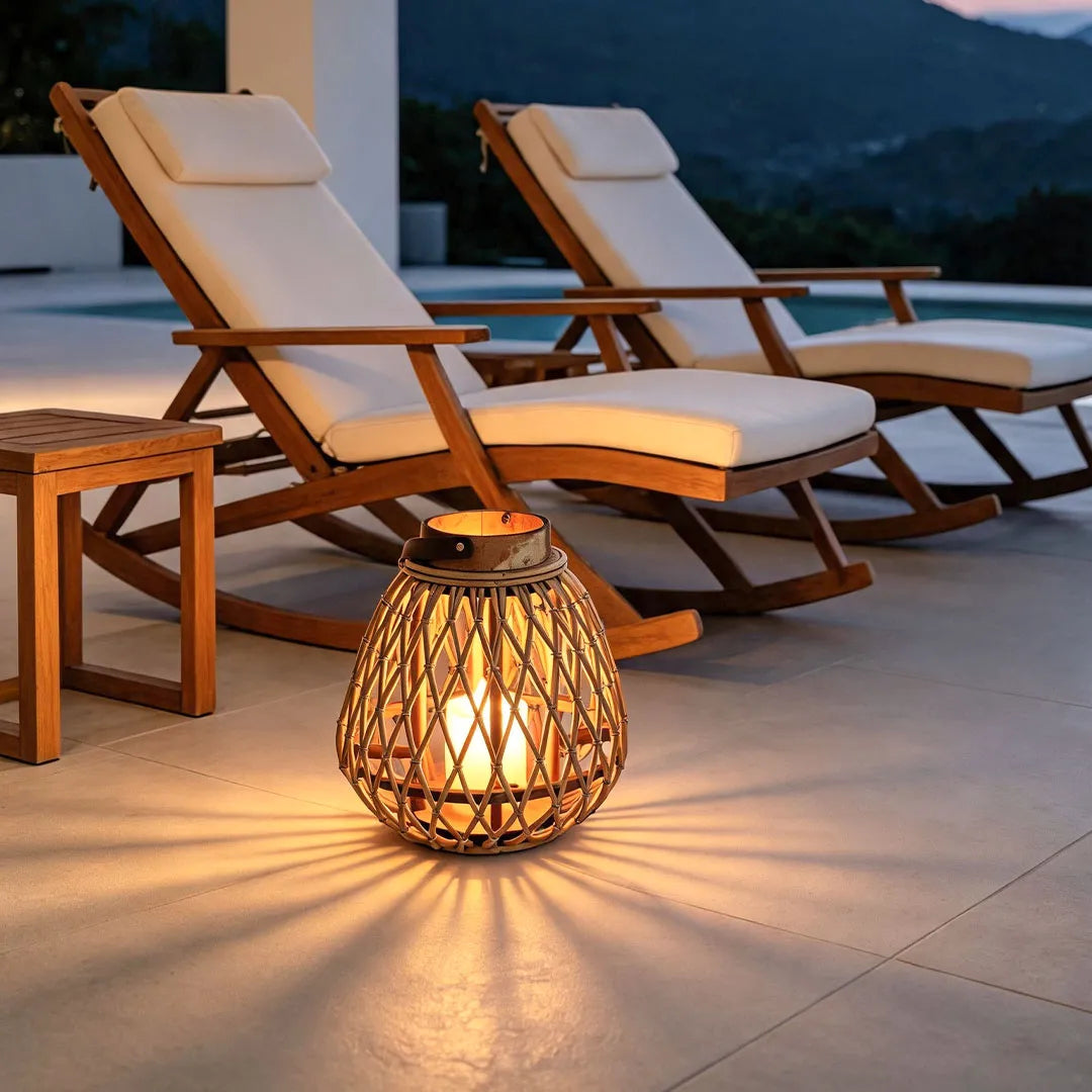Lavisa portable vintage LED lantern made of handwoven rattan and bamboo with copper finish - Type B
