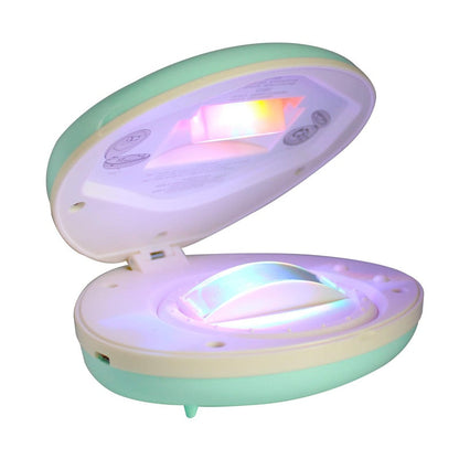 Lavisa Rainbow Night Light Projector projecting colorful waves across a bedroom wall - Pink