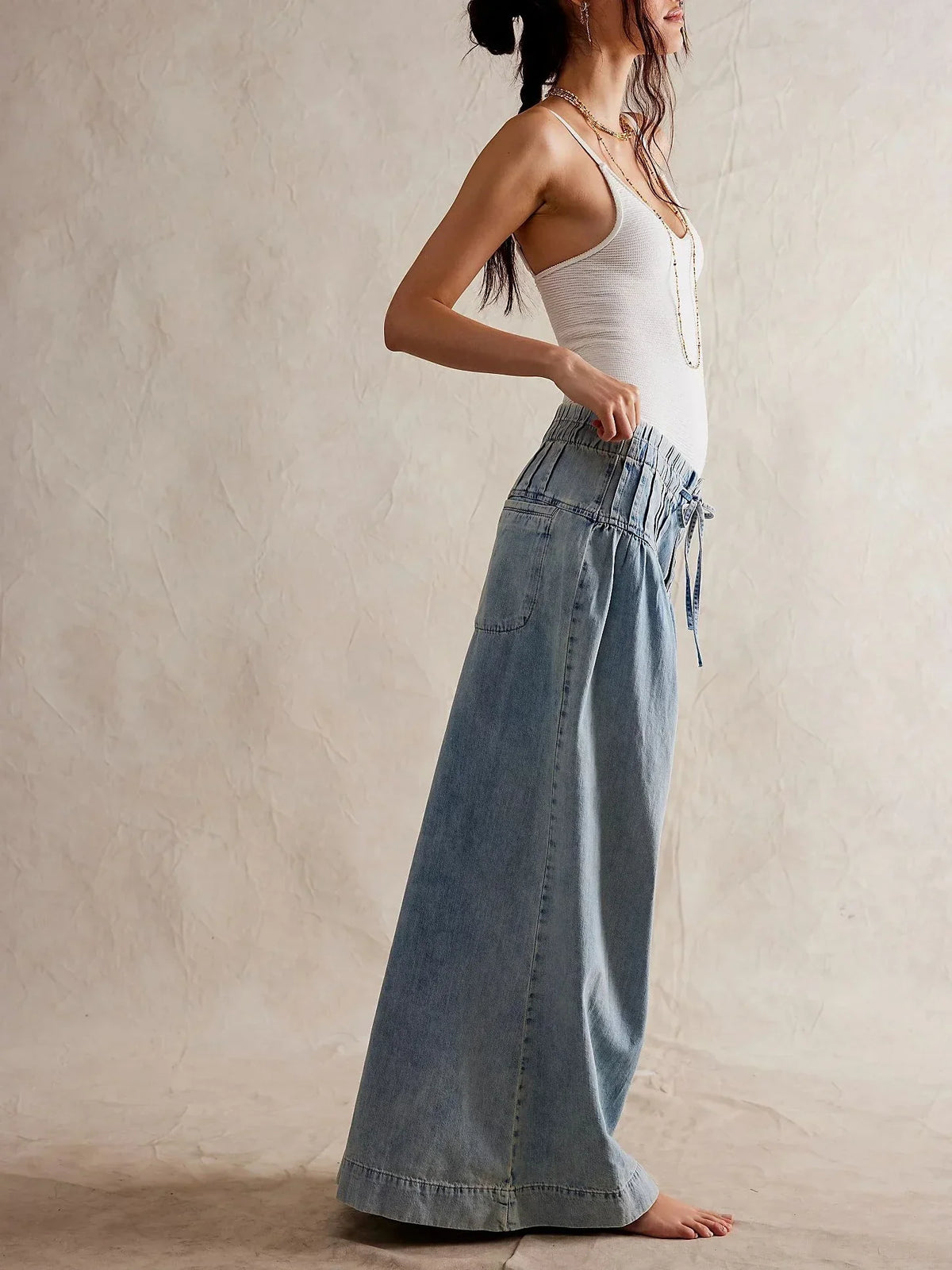 Lavisa - Womens Pull On Chambray Wide Leg Denim Pants
