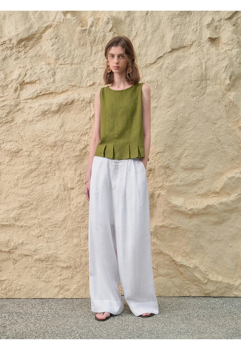 Lavisa - High Waisted Pleated Wide Leg Linen Pants