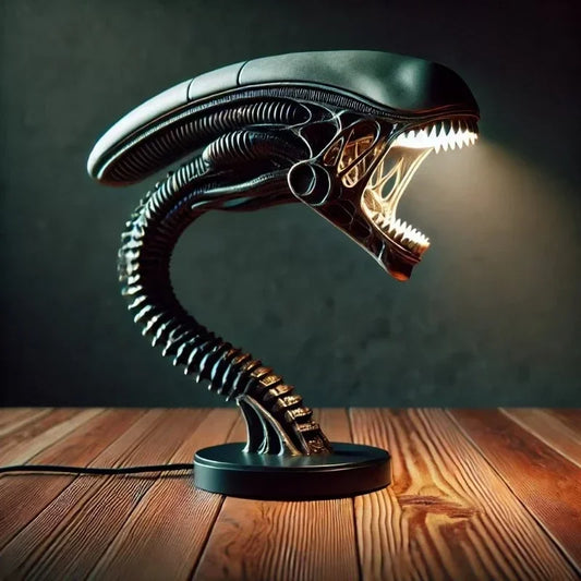 Lavisa quirky alien astronaut resin night light glowing on a bedside table