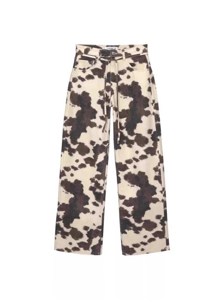 Lavisa - High Stretch Cow Print Wide Leg Denim Jeans