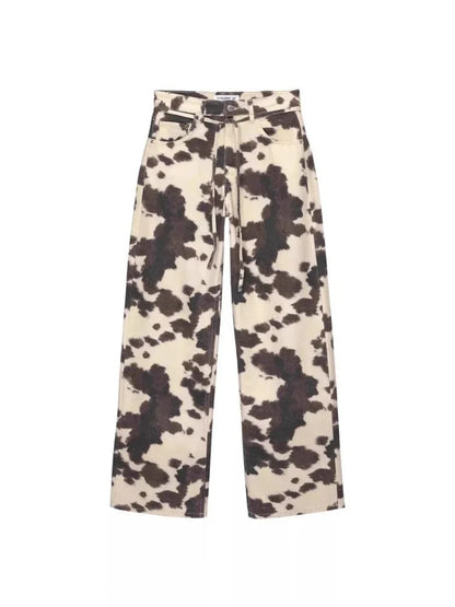 Lavisa - High Stretch Cow Print Wide Leg Denim Jeans