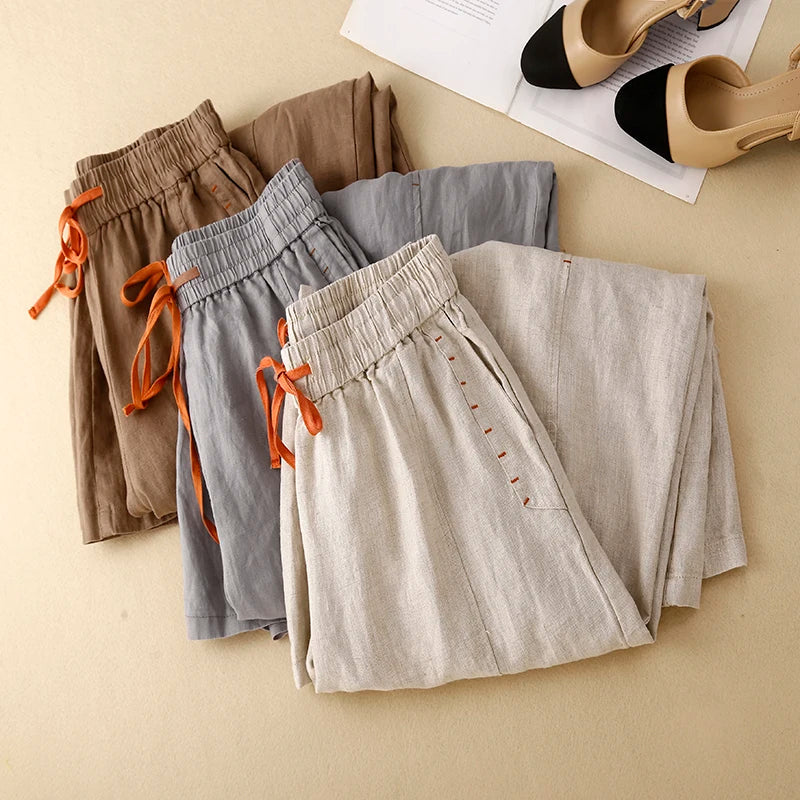 Lavisa - Drawstring Wide Leg Linen Blend Pants