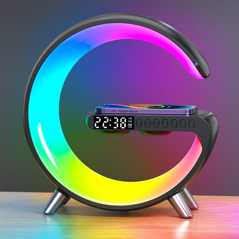 Lavisa smart RGB ambient sound machine and wireless charger lamp on a nightstand - White